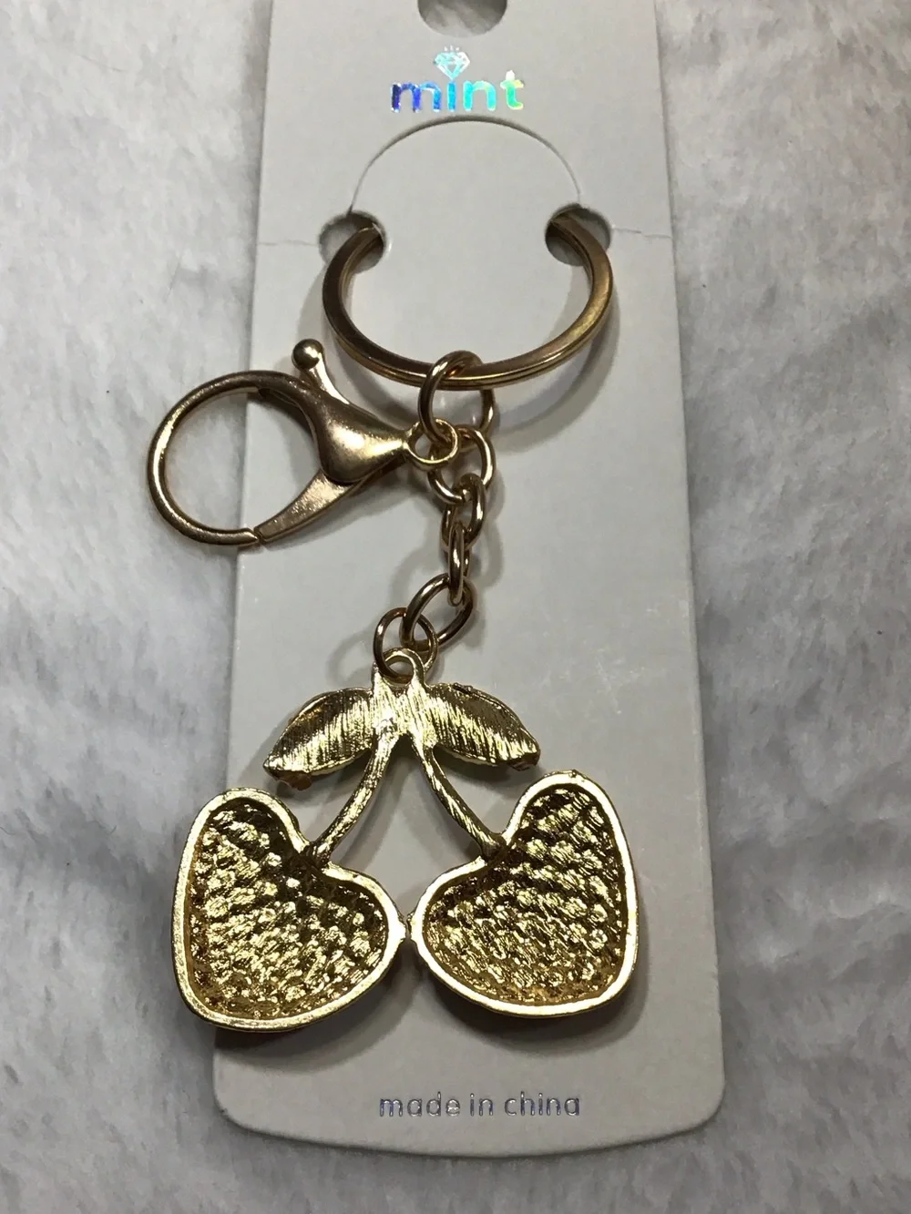 Mint Gold-Tone Red Crystal Cherry Key & Card Holder Charm